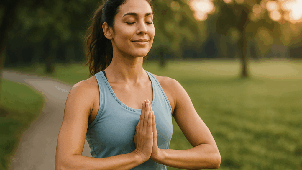 Mulher praticando yoga ao ar livre em um parque, transmitindo equilíbrio e saúde, representando como-emagrecer-5-dietas-populares