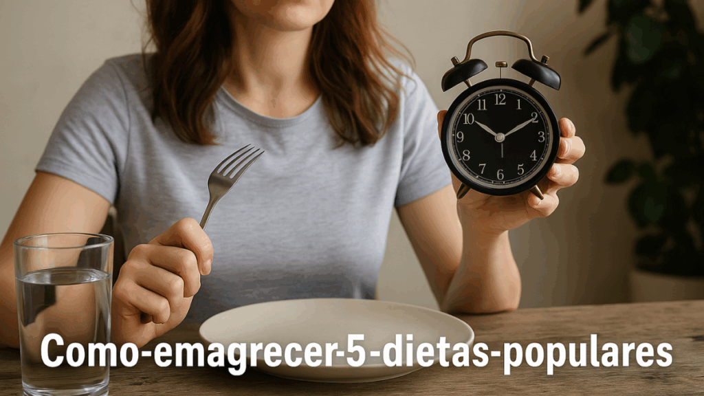 Mulher olhando para o relógio com prato vazio e copo de água, simbolizando o Jejum Intermitente dentro do guia como-emagrecer-5-dietas-populares