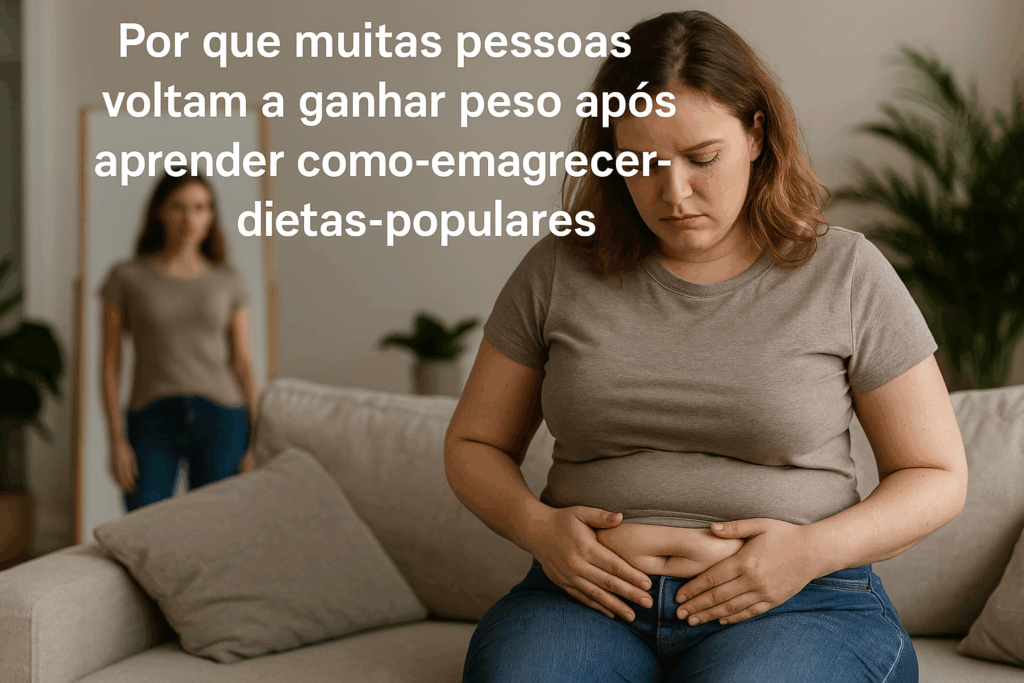 Mulher frustrada observando o abdômen diante do espelho, representando o efeito sanfona após dietas do guia como-emagrecer-5-dietas-populares