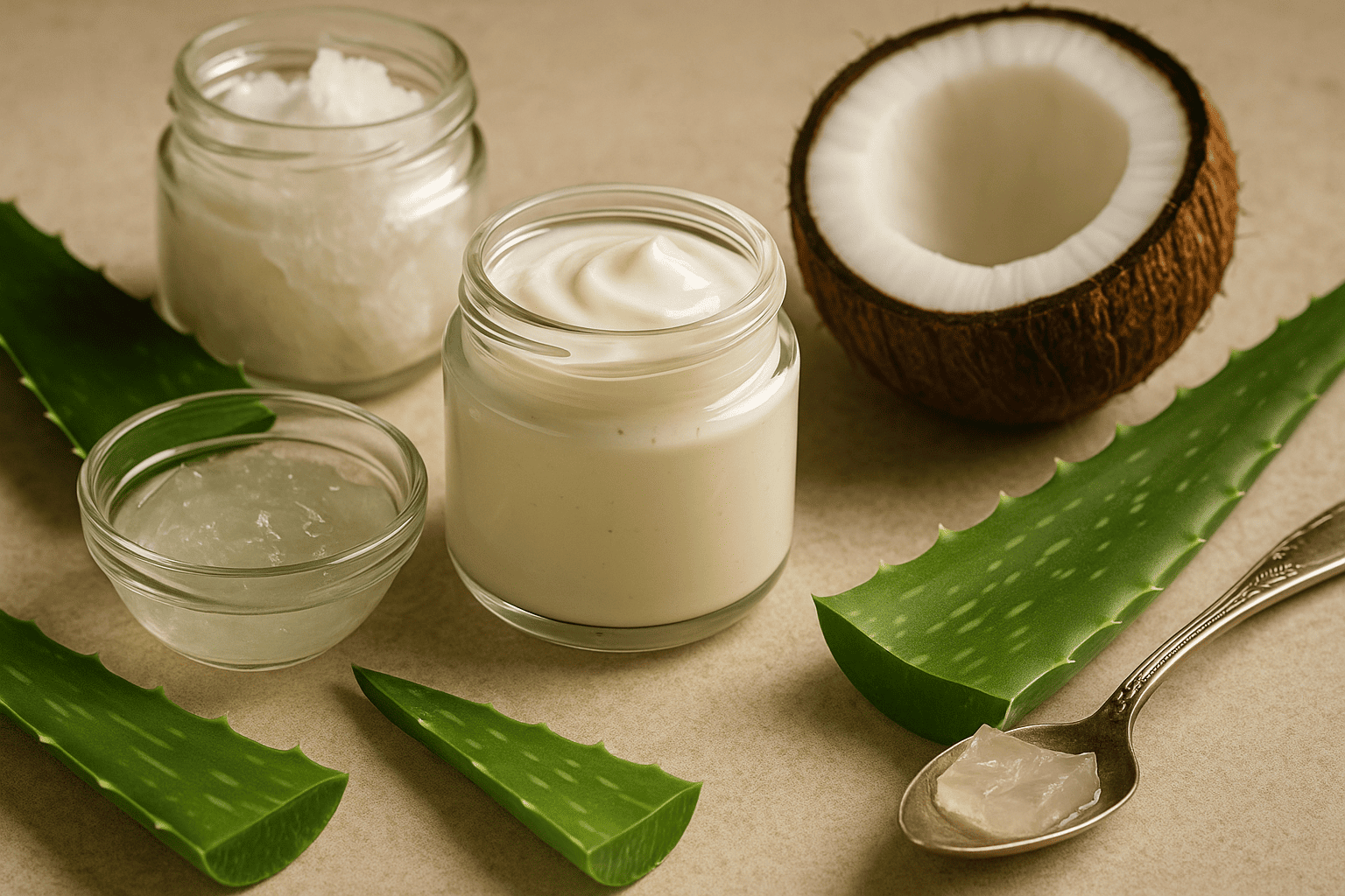 Pote de hidratante caseiro com babosa e óleo de coco, ao lado de folhas frescas de aloe vera, gel natural e um coco cortado ao meio sobre superfície neutra.
