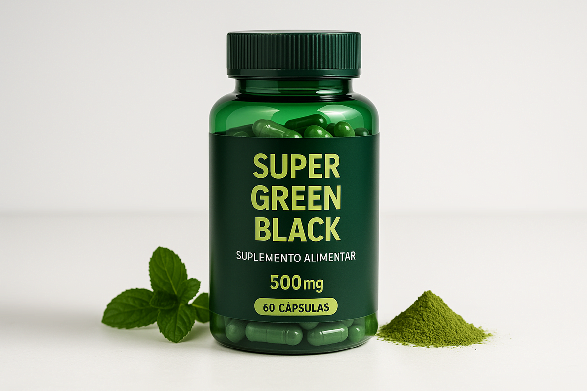 Frasco verde do suplemento Super Green Black ao lado de folhas naturais e pó verde sobre fundo branco.