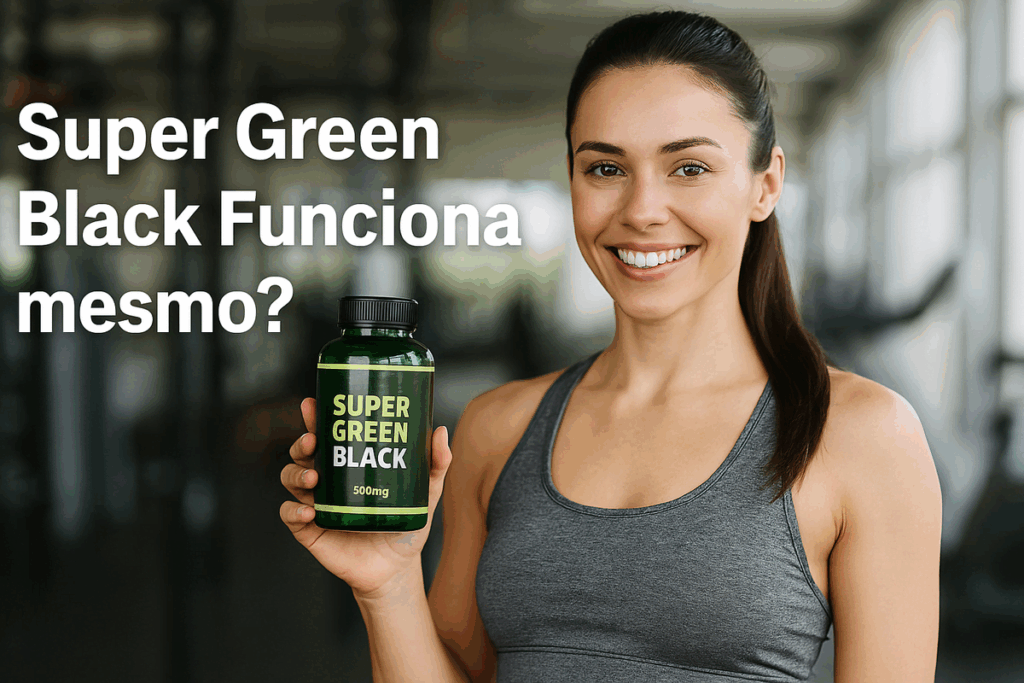 Mulher fitness sorridente em academia clean segurando o frasco do suplemento Super Green Black.