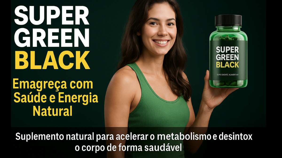 Capa de revista: mulher sorridente em top verde segurando frasco do suplemento; fundo verde escuro e chamada “emagreça com saúde e energia natural”.