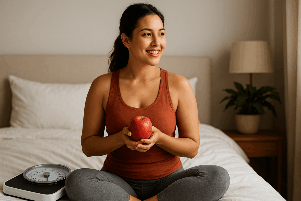 Mulher sorridente praticando mastigação consciente com prato saudável em ambiente iluminado.