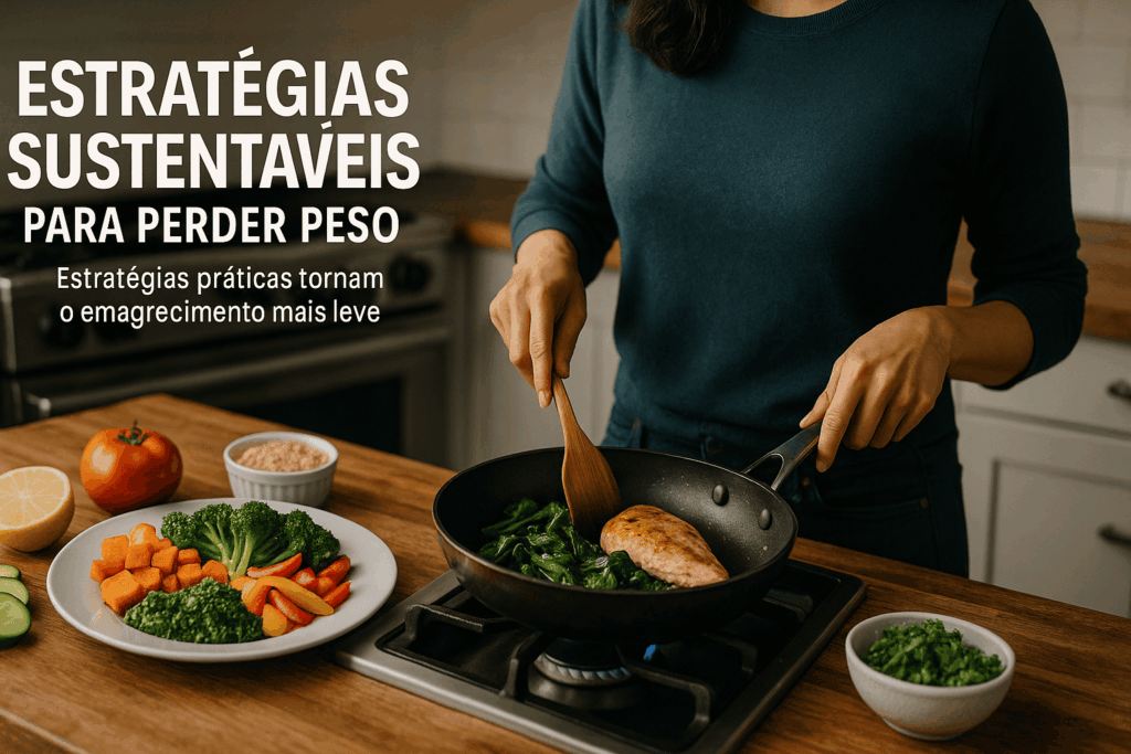 ulher preparando refeição saudável com frango e legumes em cozinha moderna.