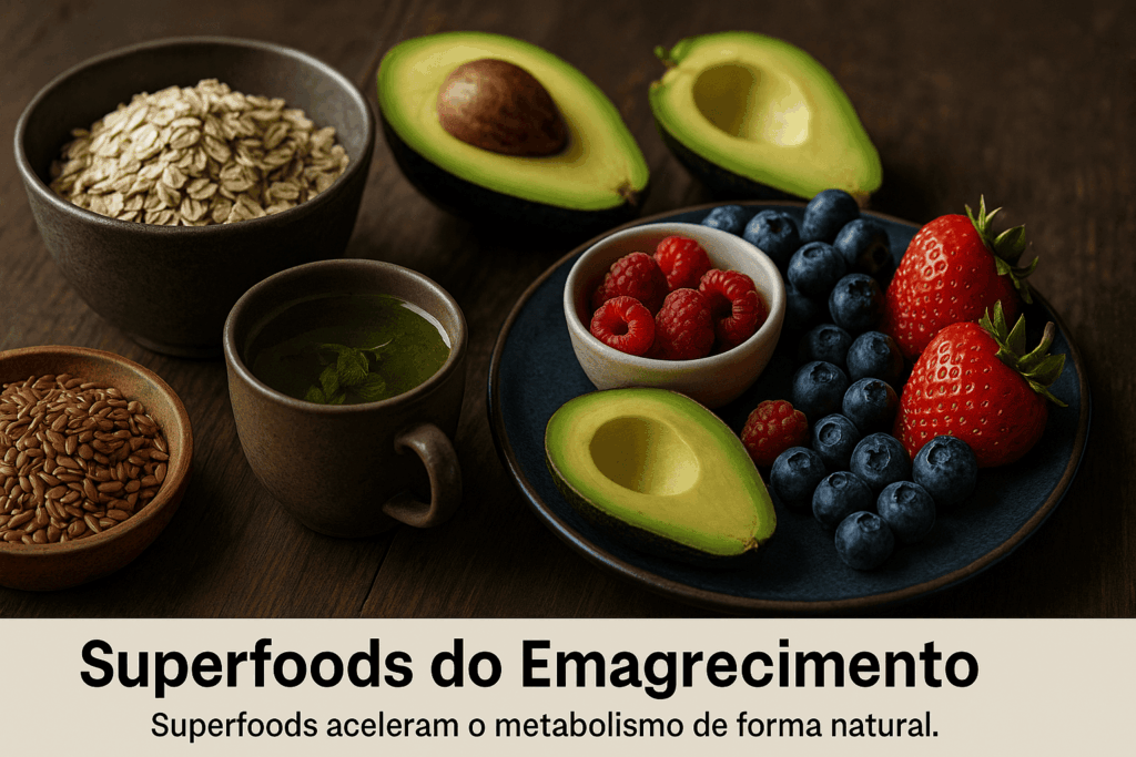 Mesa rústica com chá verde, aveia, abacate, linhaça e frutas vermelhas frescas.