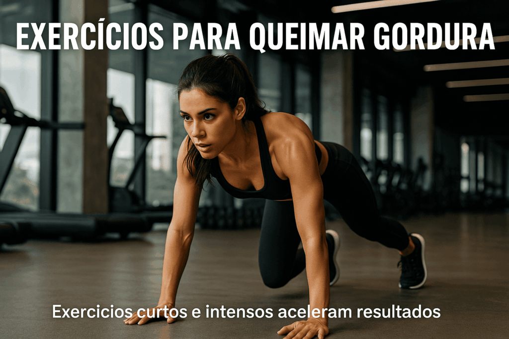 Mulher realizando treino HIIT em academia moderna com iluminação natural.