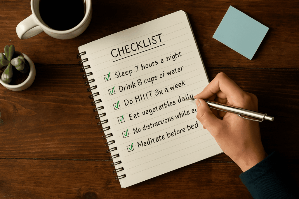 Mão feminina escrevendo um checklist de saúde em caderno sobre mesa de madeira.