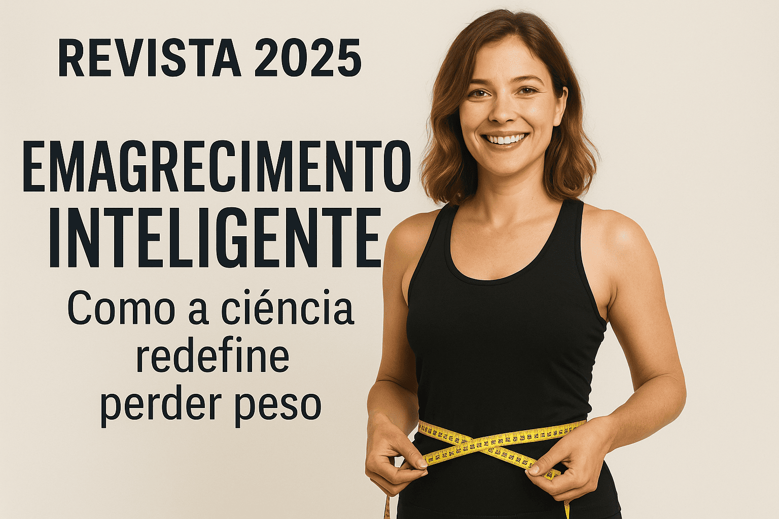 Mulher sorridente segurando fita métrica na cintura, representando emagrecimento inteligente.