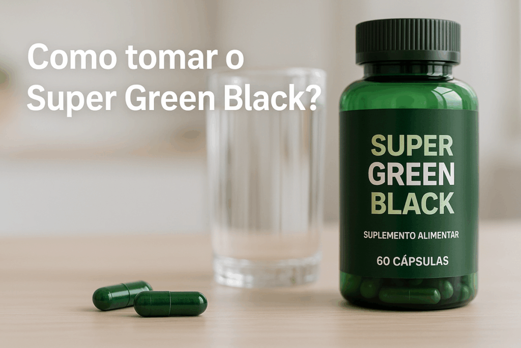 Cápsulas do suplemento ao lado de um copo d’água em mesa de madeira clara, com frasco do Super Green Black em destaque.