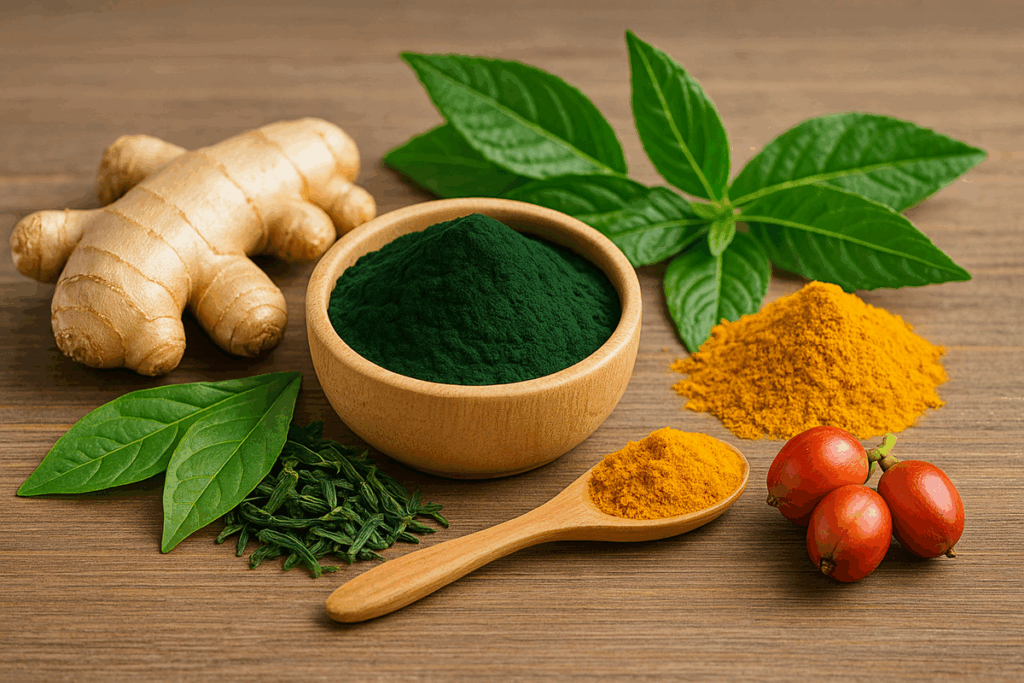Ingredientes naturais como gengibre, chá verde, spirulina em pó, cúrcuma e guaraná dispostos sobre mesa de madeira.
