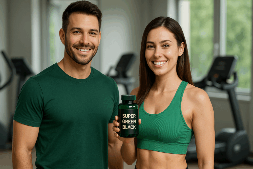 Homem e mulher fitness sorridentes em academia iluminada, segurando o frasco do suplemento Super Green Black.