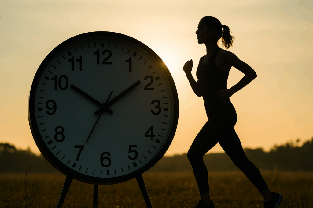 Mulher correndo ao ar livre ao lado de um grande relógio, simbolizando o relógio biológico e a perda de peso.