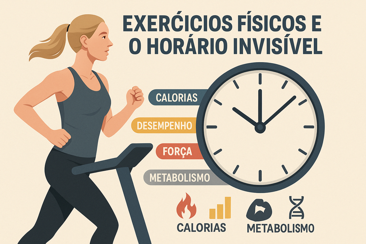 Mulher praticando corrida com relógio ao fundo, simbolizando os horários em que o corpo queima mais calorias.