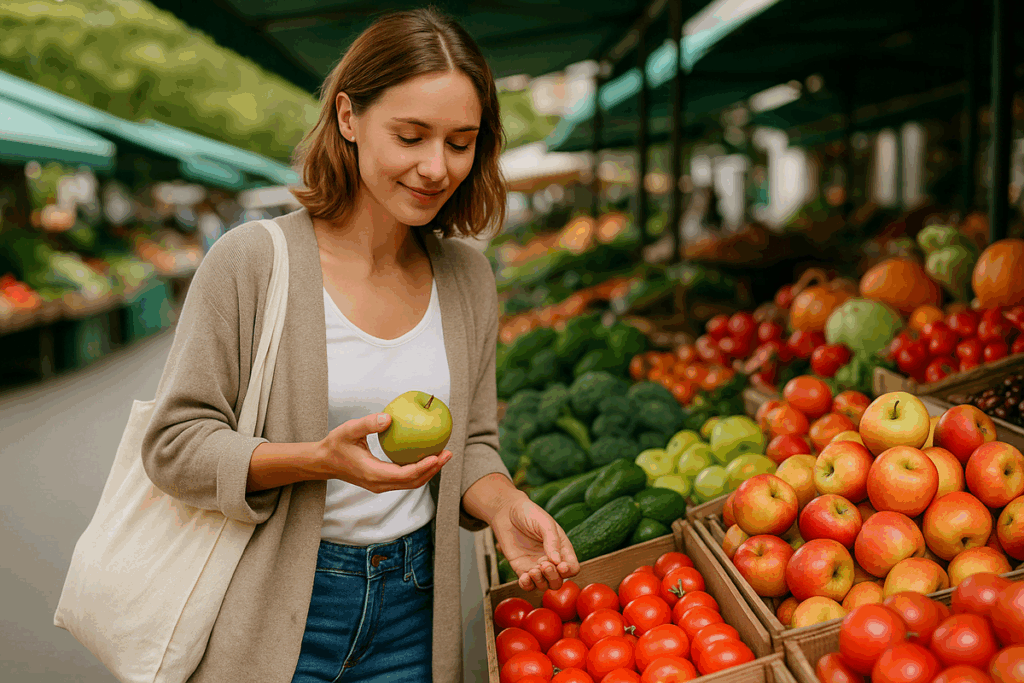 Mulher escolhendo maçã verde em feira orgânica ao ar livre, rodeada por frutas e legumes frescos, representando a alimentação sustentável e saudável.
