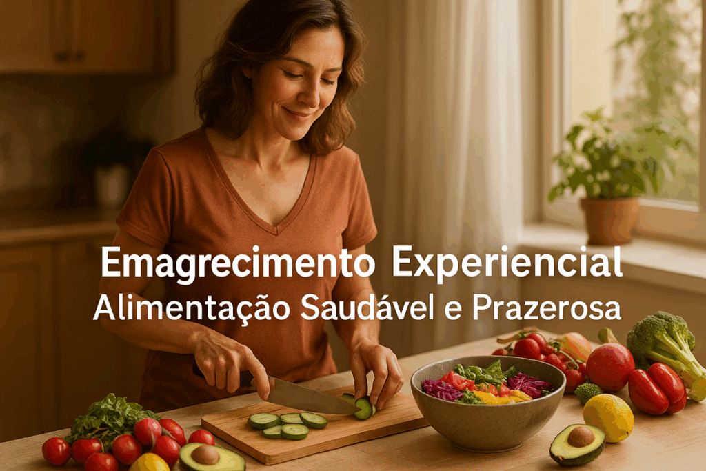 Mulher adulta preparando refeição colorida e natural, representando a alimentação consciente durante imersões de emagrecimento experiencial.