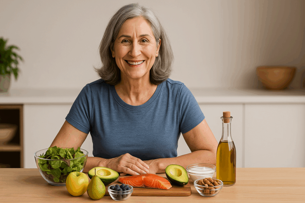 Mulher de meia-idade sorrindo à mesa com alimentos saudáveis como salmão, abacate, azeite e vegetais, representando o emagrecimento na menopausa.