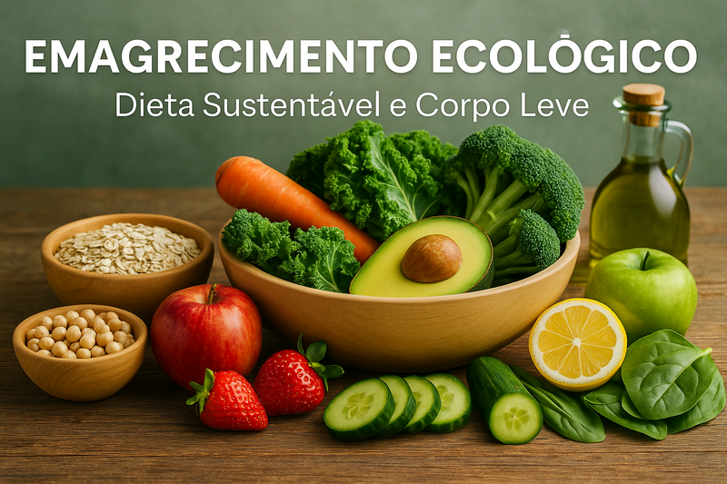 Mesa com frutas, verduras e grãos coloridos, representando o poder dos alimentos sustentáveis dentro do emagrecimento ecológico.