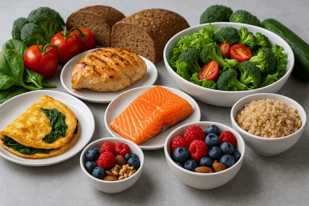 : Variedade de alimentos saudáveis como salmão, quinoa, frutas vermelhas, vegetais e castanhas representando perfis genéticos da dieta do DNA.