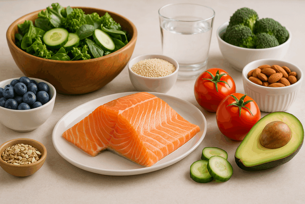 Mesa com salmão, abacate, castanhas, vegetais verdes e frutas vermelhas representando alimentos ideais para o jejum híbrido.