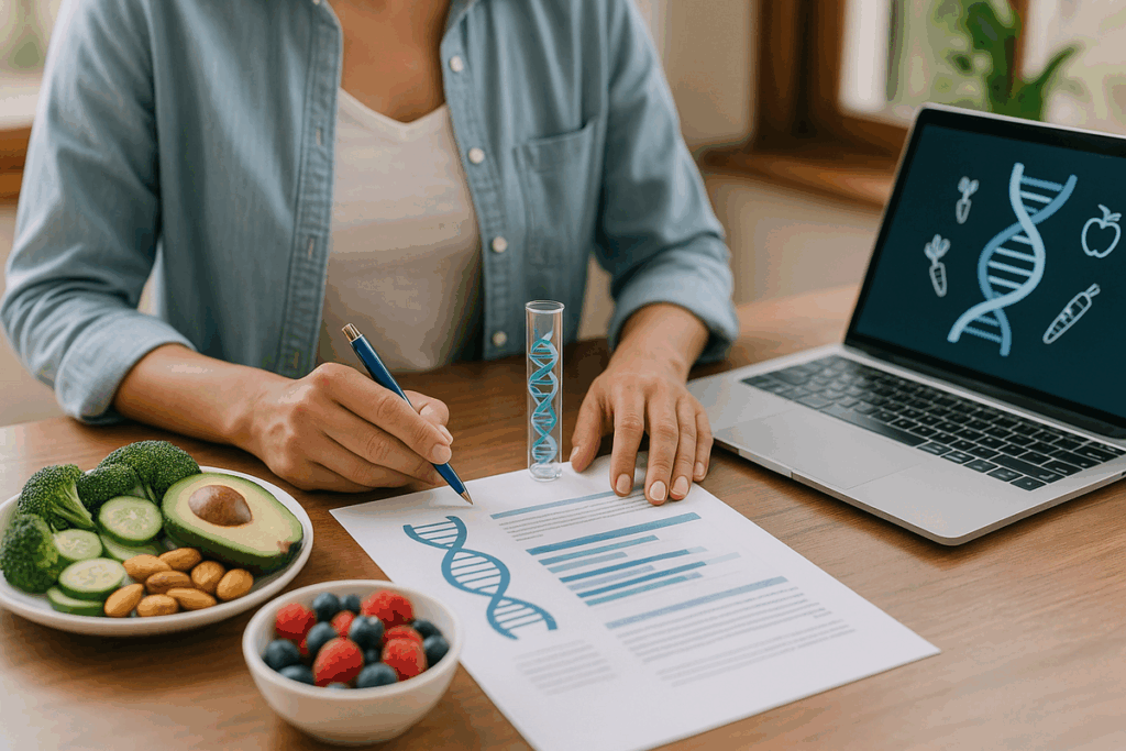 Nutricionista analisando relatório genético e alimentos saudáveis em mesa de madeira, representando a dieta do DNA.