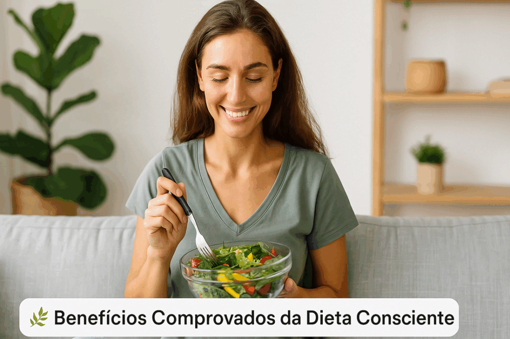 Mulher relaxada desfrutando uma salada colorida, representando bem-estar e harmonia com a alimentação.