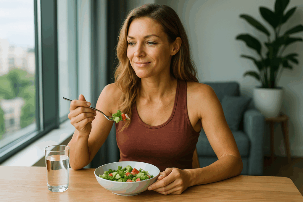 Mulher sorrindo enquanto faz uma refeição leve e saudável, representando energia e bem-estar proporcionados pelo jejum intermitente.