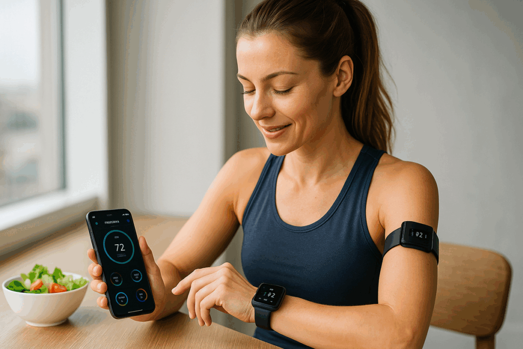Mulher monitorando dados de saúde em smartwatch e smartphone, representando o uso da tecnologia e do biohacking no controle do peso corporal.