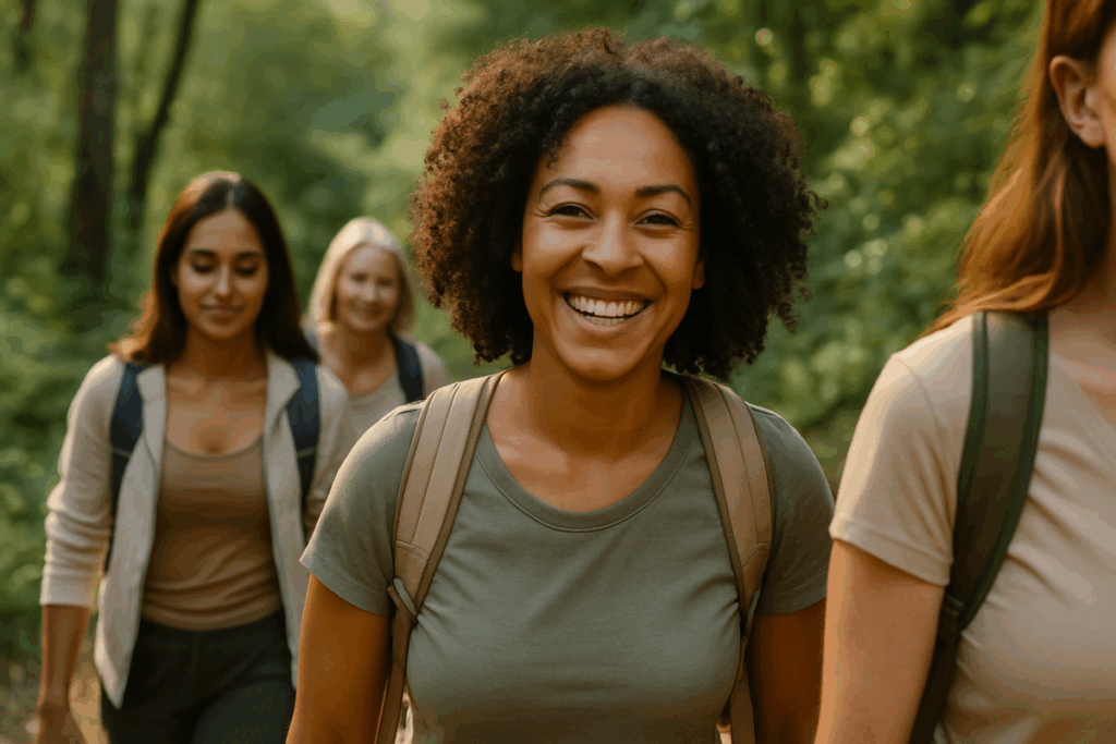 Mulheres sorridentes caminhando juntas em trilha natural sob o sol, representando energia, bem-estar e conexão social durante um retiro de emagrecimento.