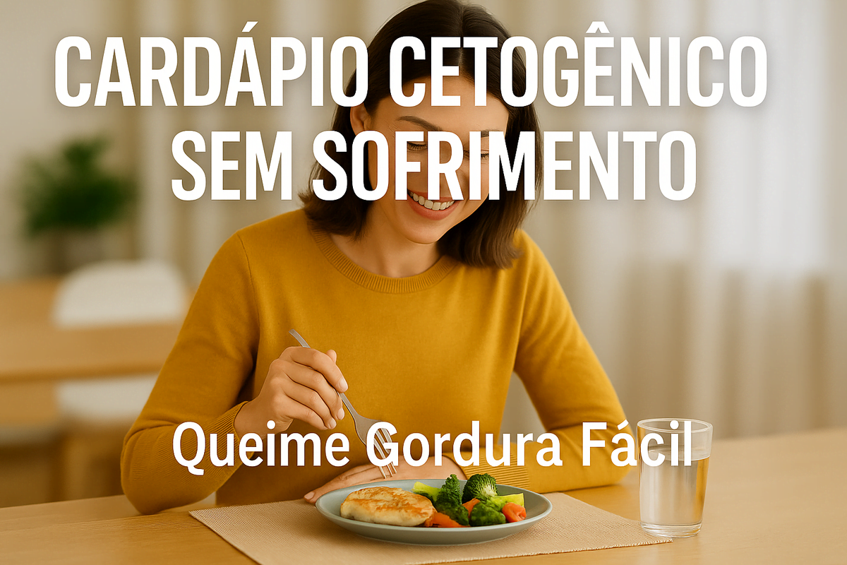 Mulher sorrindo enquanto saboreia refeição cetogênica com frango grelhado, legumes e brócolis, representando alimentação saudável e prazerosa.