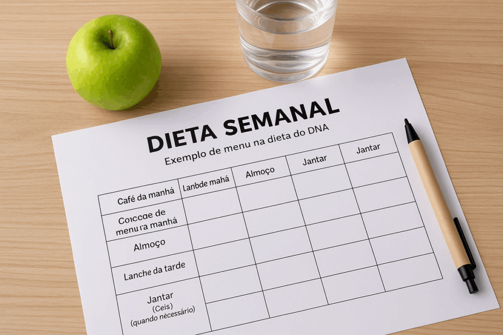 Prato balanceado com proteínas magras, vegetais e grãos integrais ao lado de cardápio semanal impresso representando a dieta do DNA.