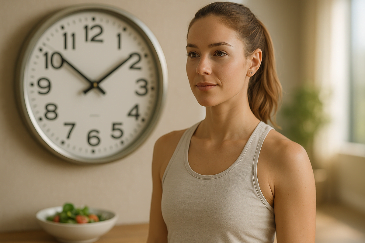 Mulher saudável em frente a um relógio grande, simbolizando como o relógio biológico impacta a perda de peso.