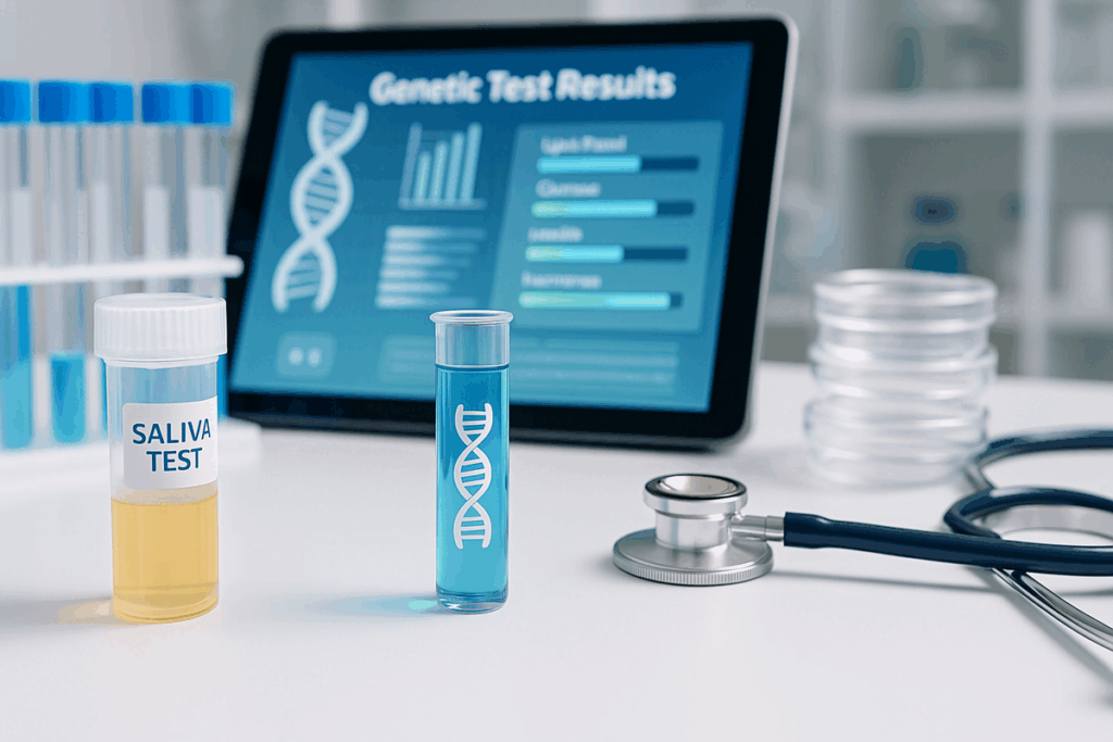 Tubos de teste de saliva e DNA em bancada de laboratório com tablet exibindo resultados genéticos, representando a dieta do DNA.