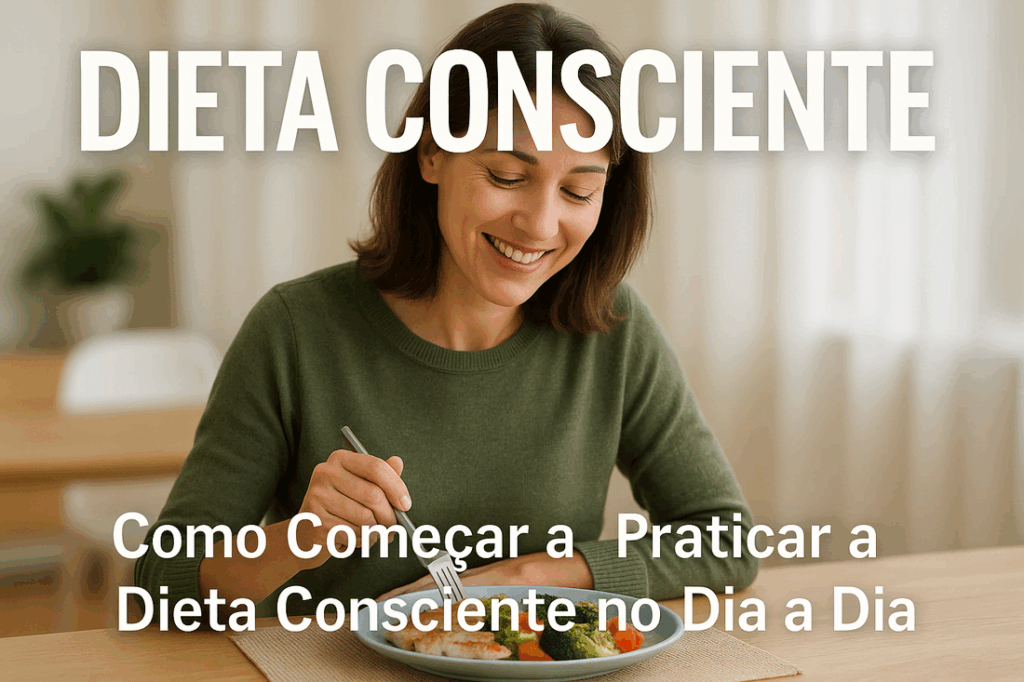 Mulher sorridente sentada à mesa, saboreando uma refeição saudável com legumes e frango grelhado, simbolizando o início de hábitos alimentares equilibrados e conscientes.