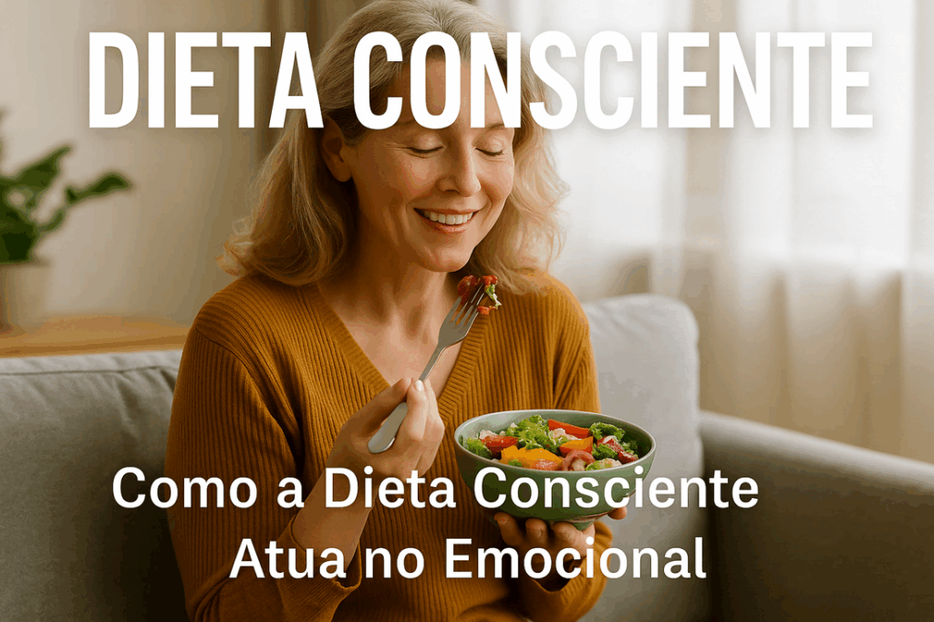 Mulher madura sorrindo enquanto saboreia uma salada colorida em casa, representando tranquilidade, bem-estar emocional e os benefícios de uma alimentação equilibrada e consciente.
