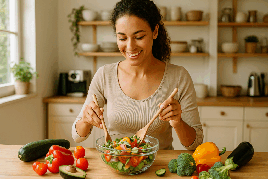 Mulher adulta preparando refeição saudável em cozinha iluminada, cortando vegetais frescos coloridos que simbolizam equilíbrio e leveza.