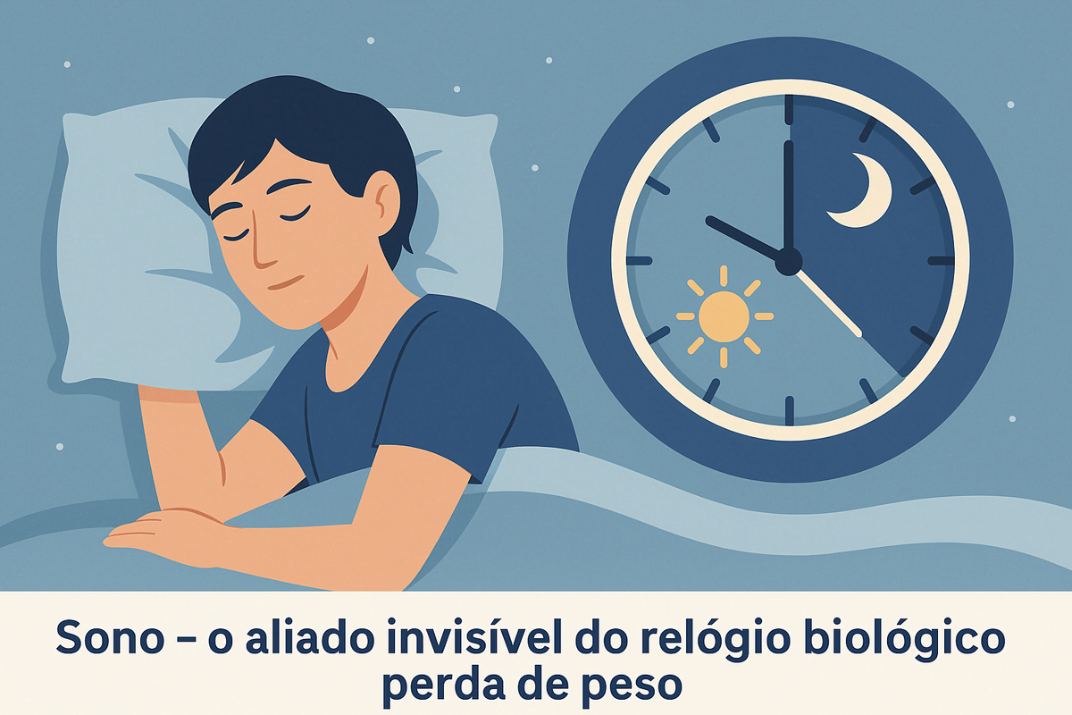 Pessoa dormindo tranquilamente com relógio ao fundo, simbolizando o sono como aliado do relógio biológico na perda de peso.