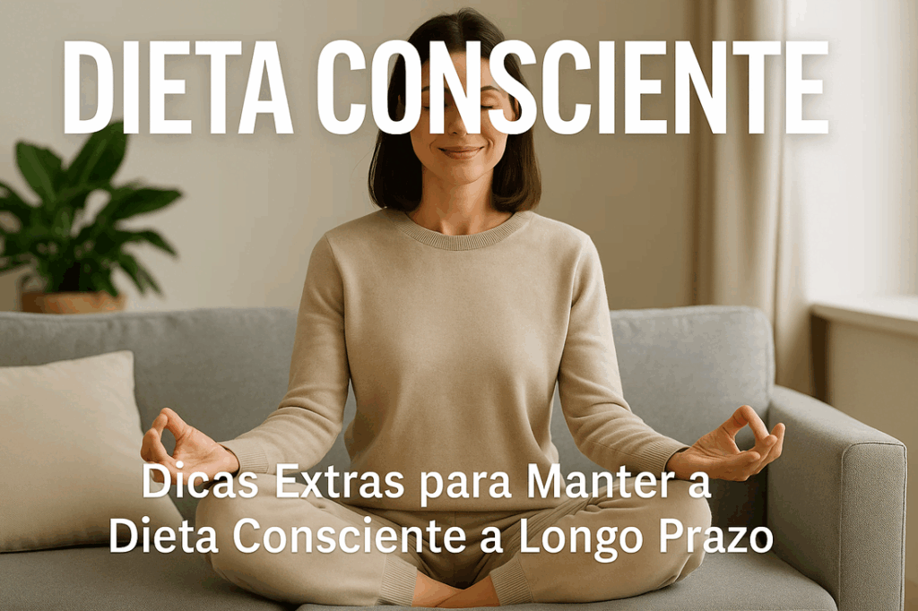 Mulher sentada em posição de meditação em sala iluminada, representando tranquilidade e equilíbrio mental na manutenção de hábitos alimentares saudáveis.