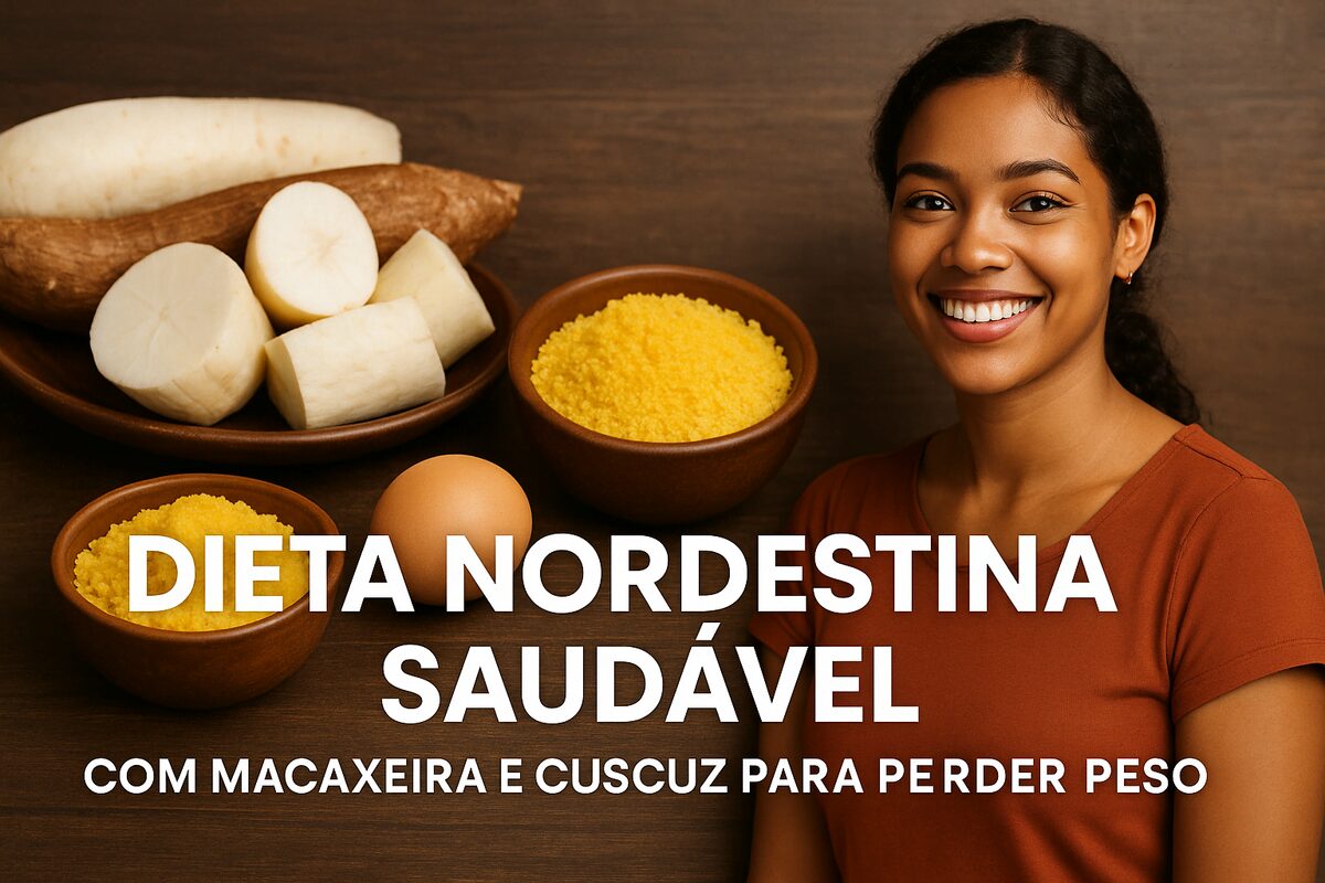 Mulher nordestina sorridente ao lado de mesa com macaxeira, cuscuz e ovos, representando a dieta nordestina saudável com foco em bem-estar e cultura regional.
