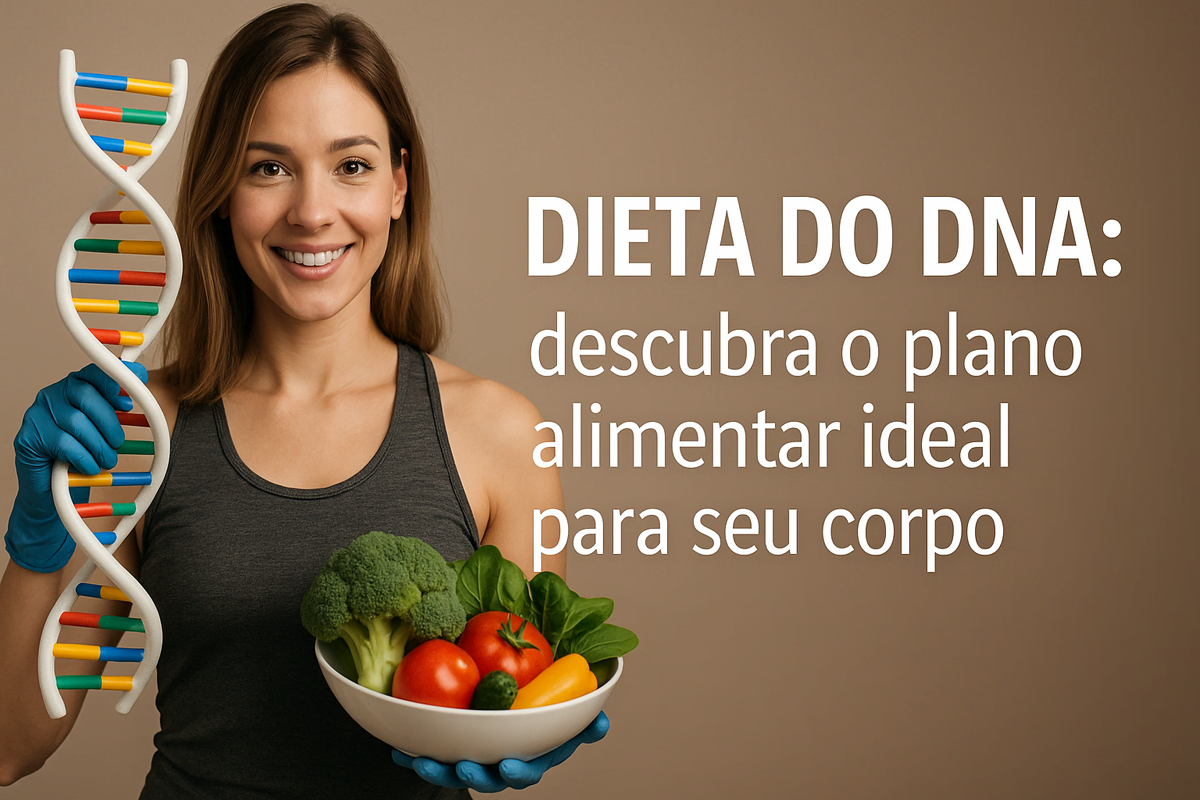 Mulher sorrindo segurando modelo de DNA e tigela de vegetais frescos, representando a dieta do DNA e alimentação saudável personalizada.