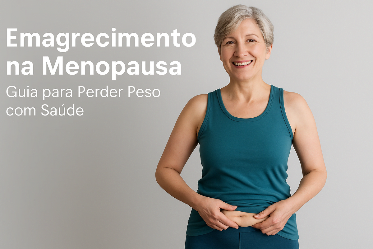 Mulher de meia-idade sorrindo, vestindo roupas esportivas, representando saúde, vitalidade e emagrecimento na menopausa.