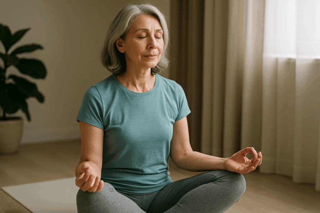 Mulher de meia-idade meditando em ambiente calmo e iluminado, representando o equilíbrio emocional e o emagrecimento na menopausa.