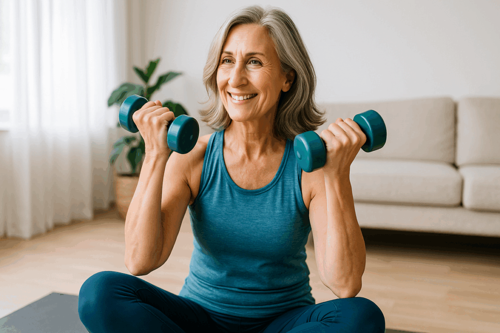 Mulher de meia-idade sorrindo enquanto se exercita com halteres leves, representando exercícios que aceleram o emagrecimento na menopausa.