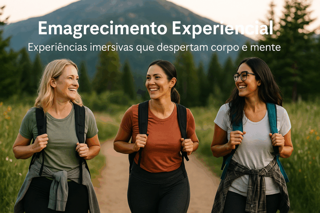 Grupo de mulheres caminhando em trilha natural durante retiro de emagrecimento experiencial, simbolizando bem-estar e energia positiva.
