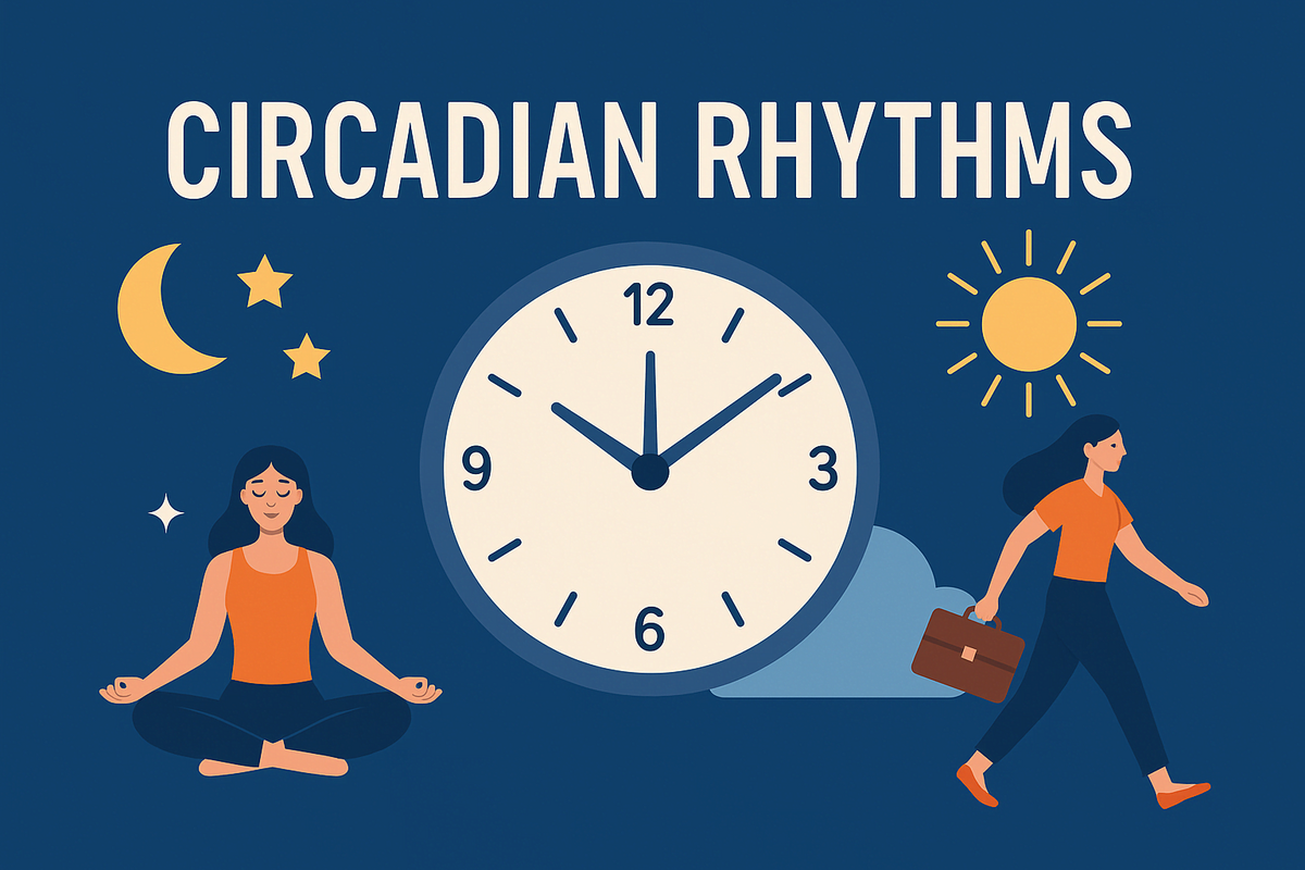 Ilustração de relógio circadiano com símbolos de dia e noite, destacando o papel dos hormônios na fome.