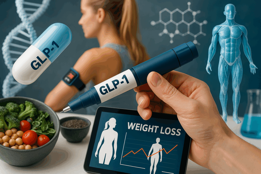Pessoa segurando uma caneta injetável GLP-1 ao lado de tablet com gráfico de perda de peso, representando o avanço da biotecnologia no emagrecimento em 2025.