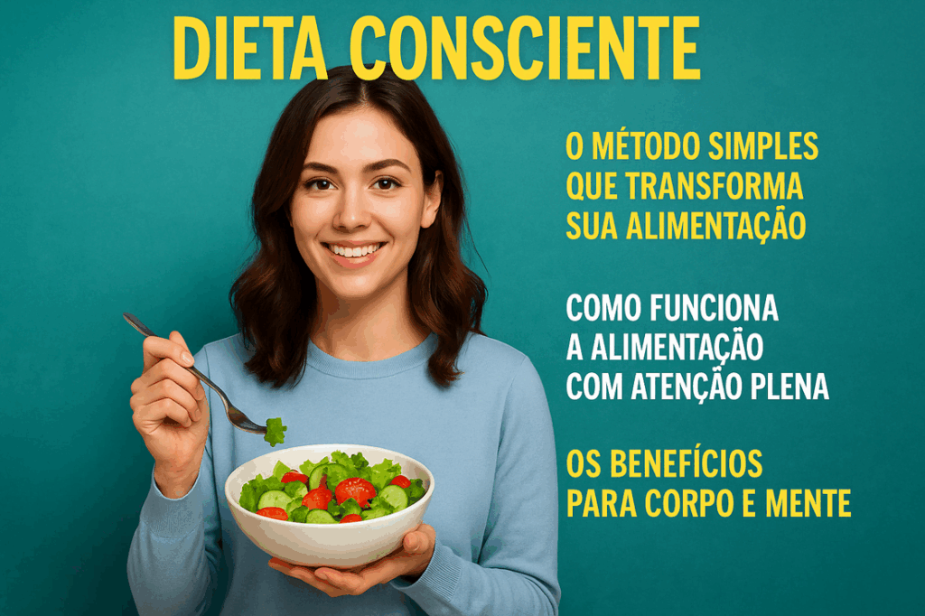 Mulher sorridente segurando uma tigela de salada fresca, simbolizando equilíbrio, saúde e leveza.