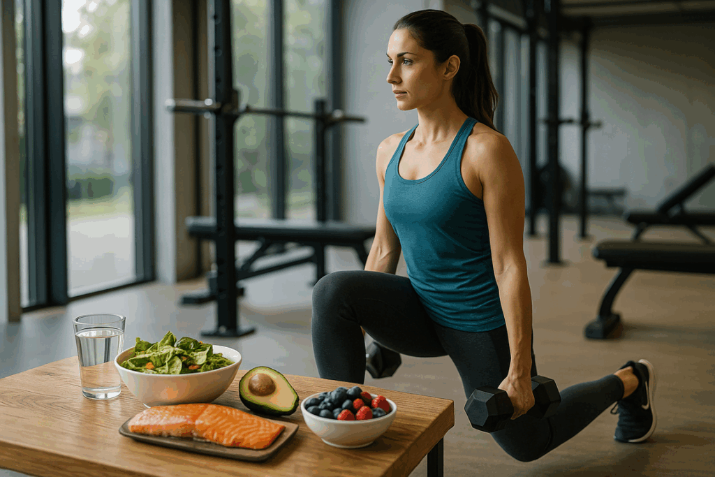 Mulher praticando exercício físico em academia moderna com alimentos saudáveis ao lado, representando o equilíbrio entre jejum e estilo de vida.