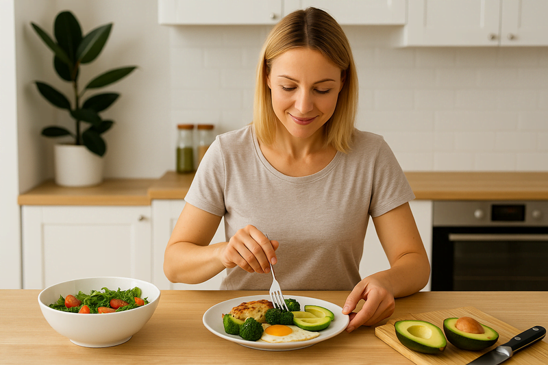 Mulher loira prepara refeição cetogênica saudável com abacate, brócolis e ovo em cozinha moderna, representando estilo de vida equilibrado.