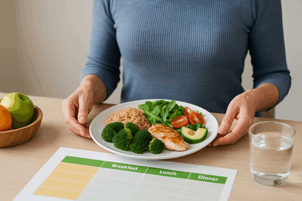 Mulher de meia-idade sorrindo à mesa com refeição colorida e equilibrada composta por proteínas magras, legumes e grãos integrais.